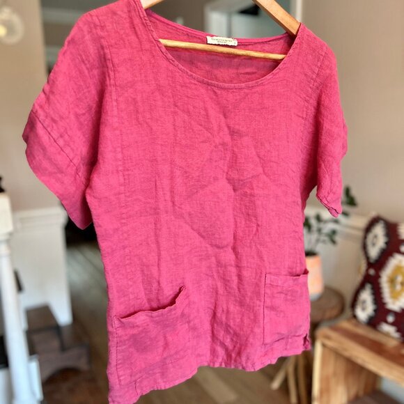 Francesca Bettini Linen Short Sleeve Lightweight Breezy Blouse Cranberry Size S - Picture 8 of 8